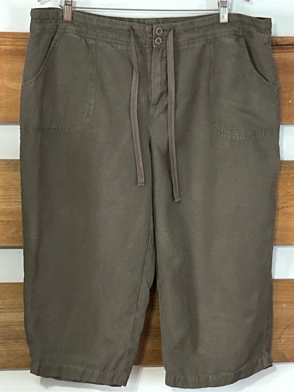 Coldwater Creek Natural Fit Forest Brown Pocket Button Capri Linen Mix Size 18W